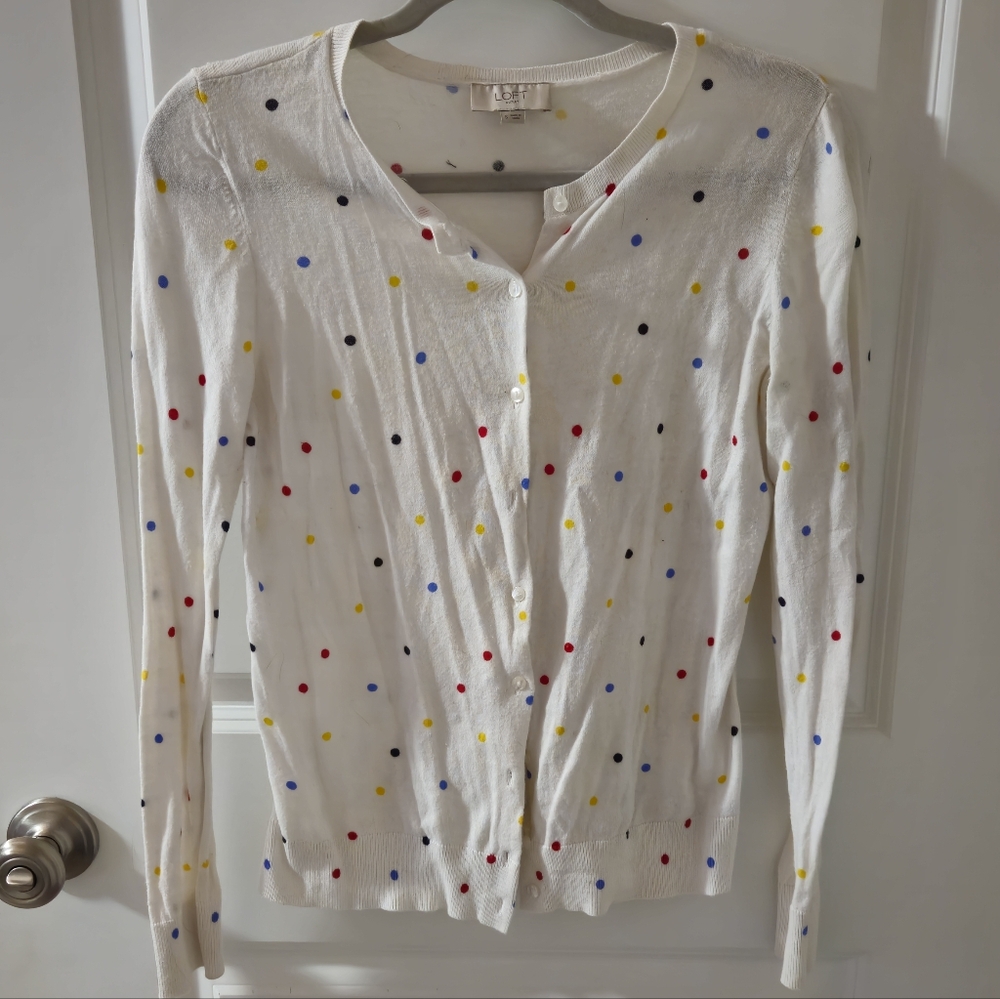 LOFT White Cardigan with Colorful Polka Dots